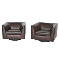 Pair of Leather Cube Swivel Chairs