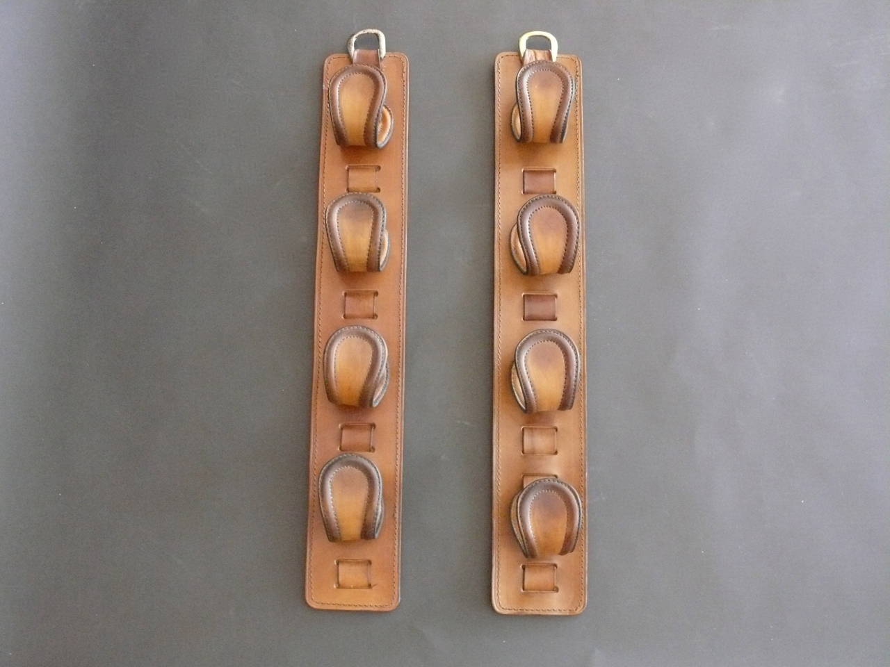 Brass Pair of Jacques Adnet Leather Wine Holders/Hooks