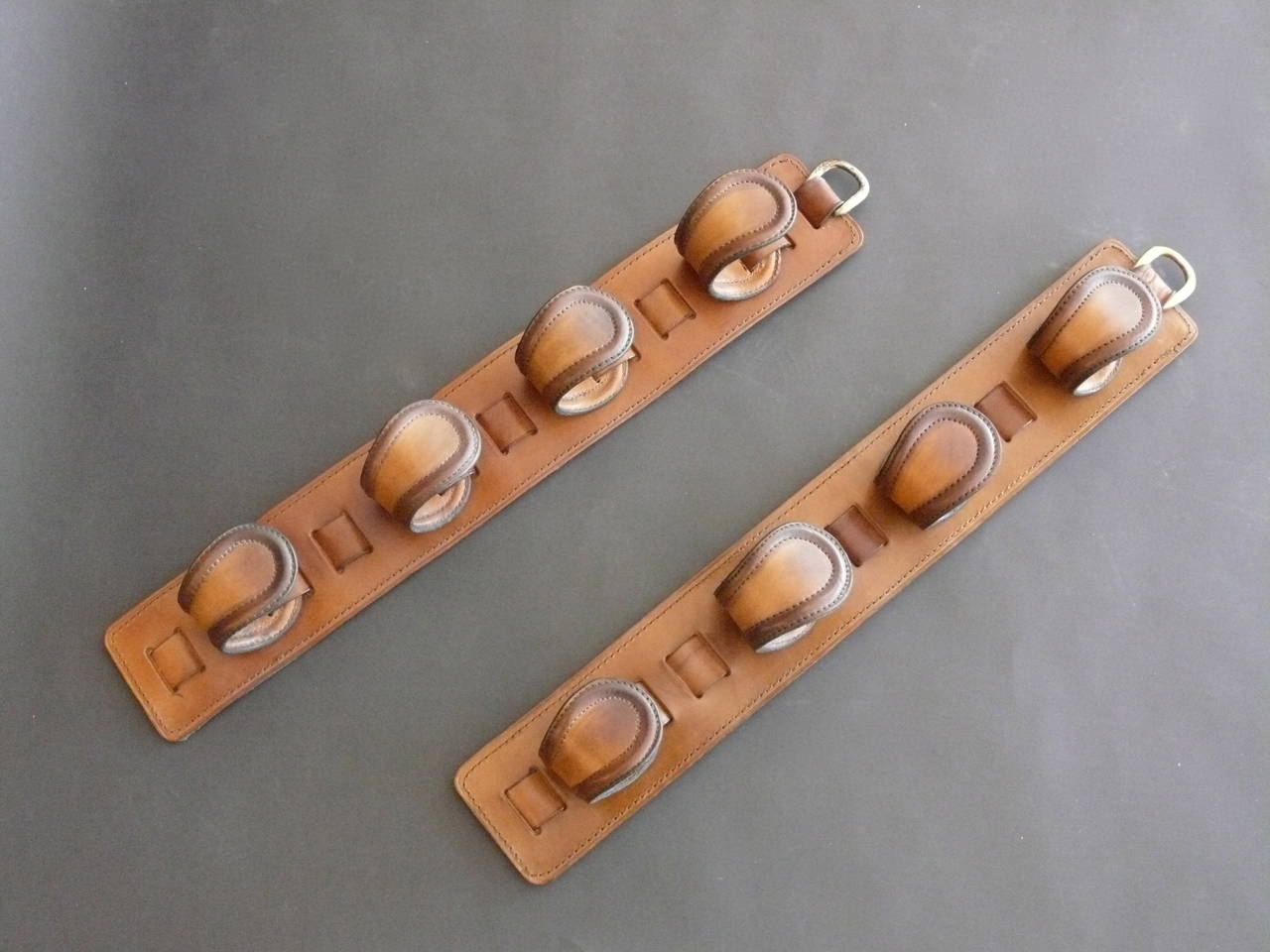 Pair of Jacques Adnet Leather Wine Holders/Hooks In Excellent Condition In Beverly Hills, CA