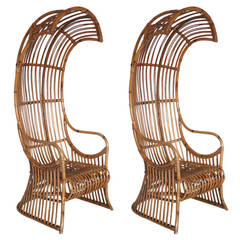 Vintage Pair of Bamboo and Rattan Canopy Chairs
