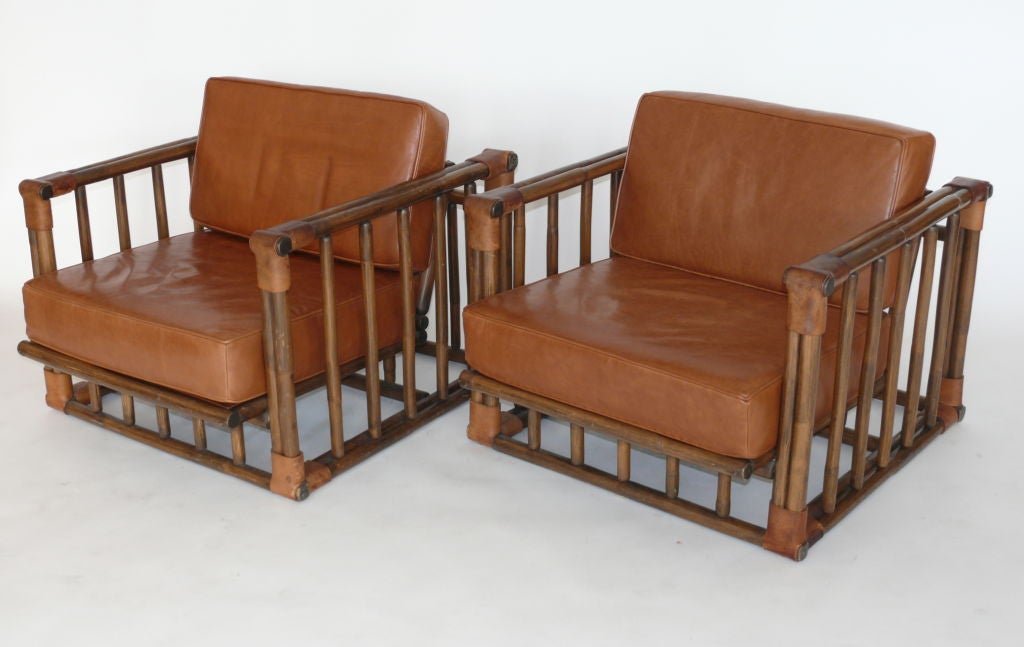 Rattan and Leather Lounge Chairs by McGuire