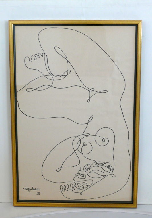 Beautiful original continuous line drawing by Jean Negulesco. Hand numbered and signed by artist. Nude woman drawn in black ink on paper. Original piece from the Negulesco estate. New gold wood frame.