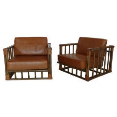 Rattan and Leather Lounge Chairs by McGuire