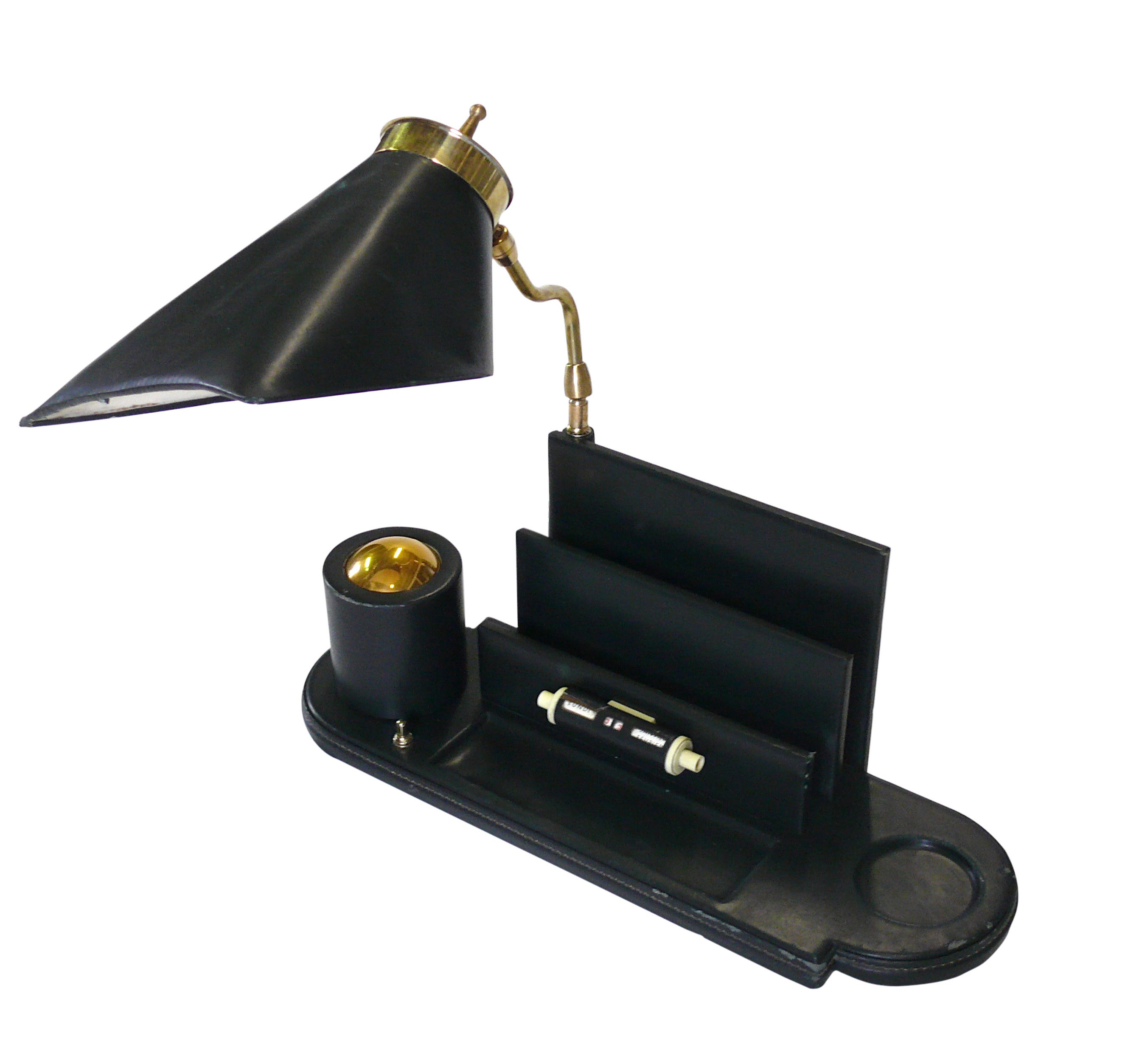 Jacques Adnet Leather Desk Caddy with Lamp