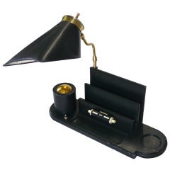 Jacques Adnet Leather Desk Caddy with Lamp