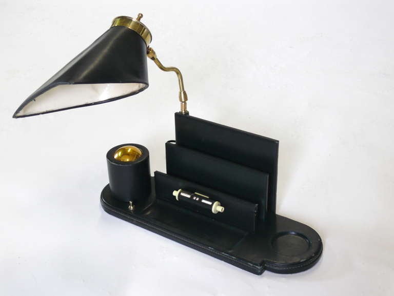 French Jacques Adnet Leather Desk Caddy with Lamp