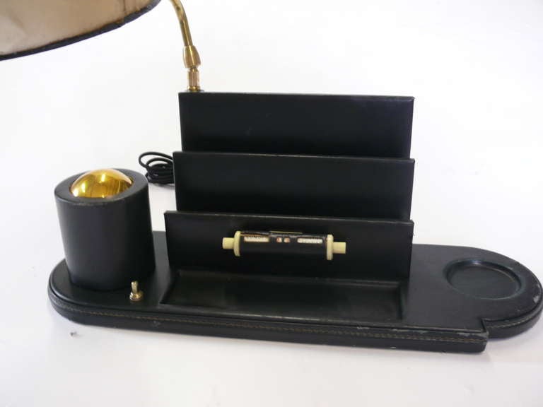 Jacques Adnet Leather Desk Caddy with Lamp In Good Condition In Beverly Hills, CA