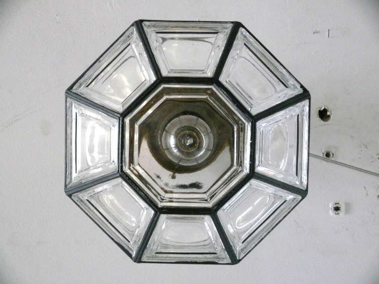 Large Iron and Glass Octagon Flush Mount In Excellent Condition In Beverly Hills, CA