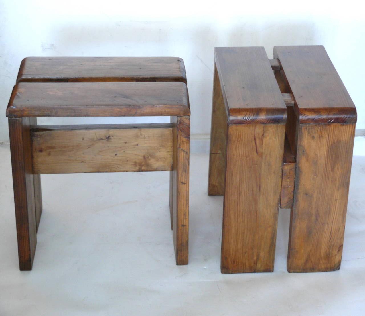 French Pair of Oak Stools by Charlotte Perriand