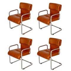 Leather and Chrome Cantilevered Armchairs by Pace