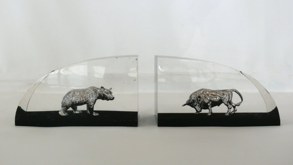 Vintage Lucite Bull & Bear Wall Street Bookends 4