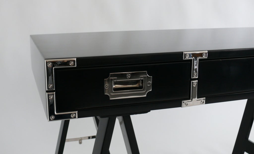 Navy Lacquered Campaign Desk At 1stdibs Handsome Campaign Desk Newly Lacquered In A Dark Navy Blue With Polished Nickel Hardware And Sawhorse