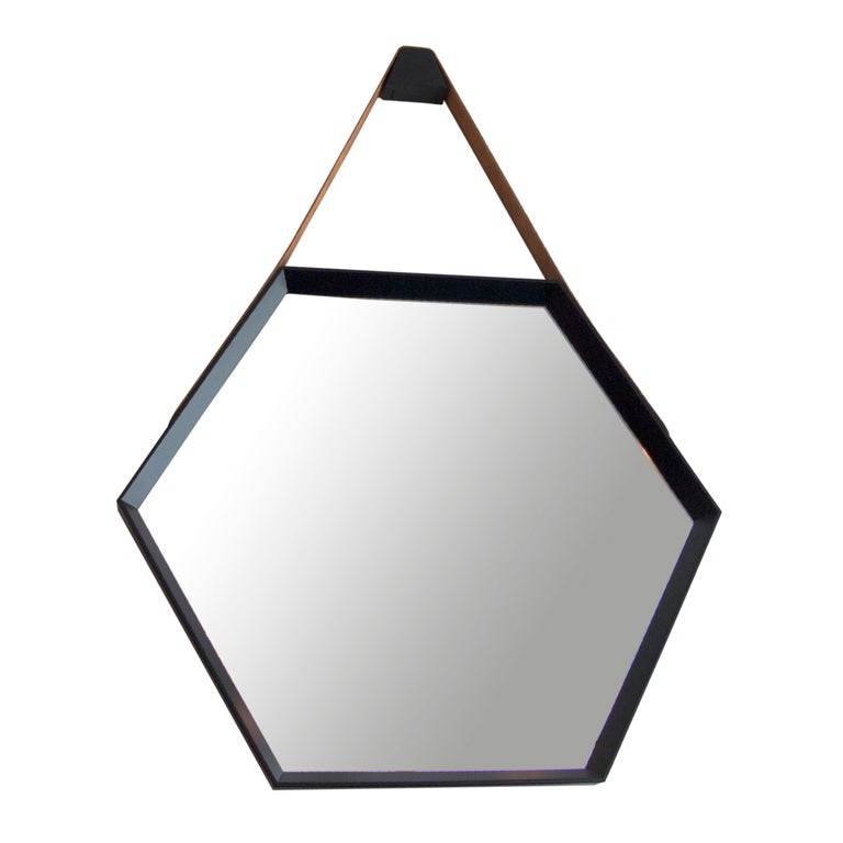 Beverly Oak and Leather Hexagon Mirror by Orange Los Angeles  For Sale