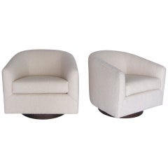 Pair of Milo Baughman Style Wool Boucle Swivel Chairs