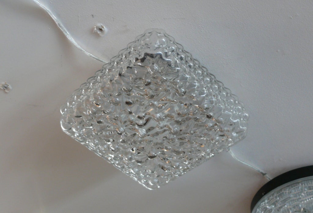 Austrian square textured bubble glass flush mount.  Floral like pattern and textured sides.  Professionally rewired.