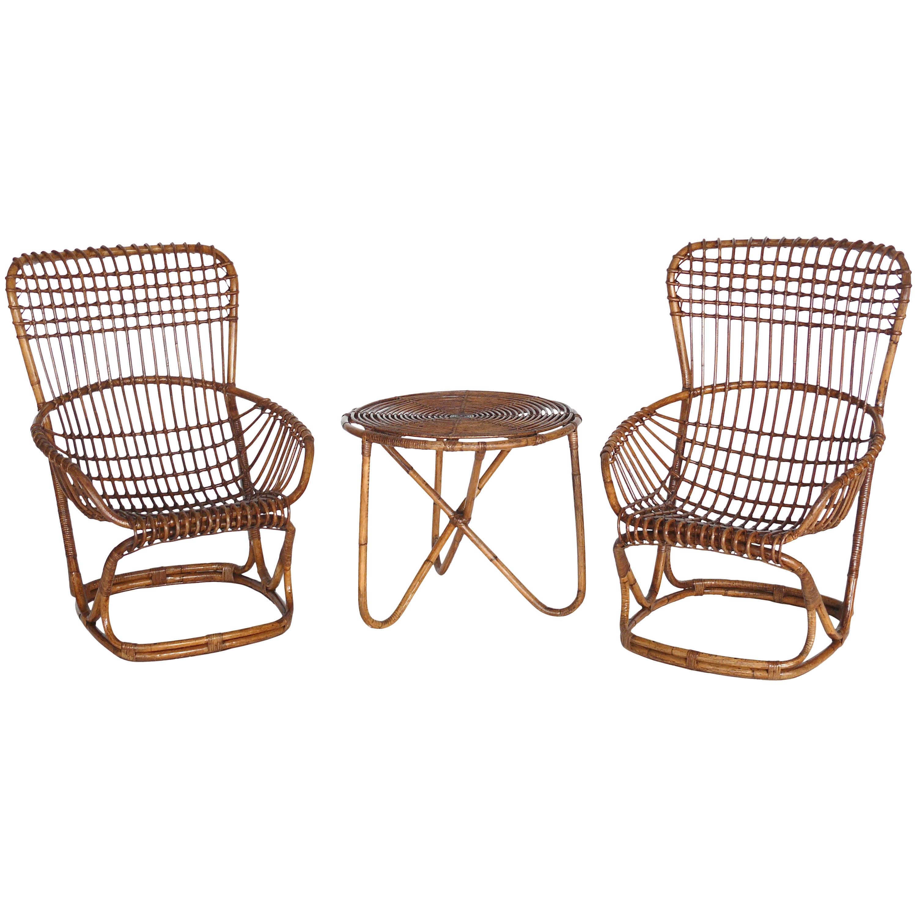 Set of French Bamboo and Rattan Armchairs with Table