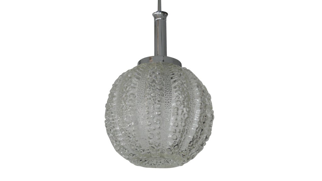 Fantastic Italian textured glass pendant.  Really unique texture and shape.  Chrome stem and canopy, professionally rewired.