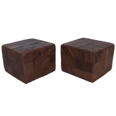 Vintage Pair of Brown Leather Cube Ottomans by De Sede