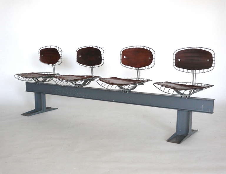 Fantastic bench designed by Michel Cadestin and Georges Laurent. The Beaubourg bench was designed for the Centre Georges Pomidou in Paris in 1976. Seats have great patina to rich brown leather and attached to steel simple 