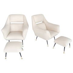 Italian Sculptural Chairs and Matching Ottomans