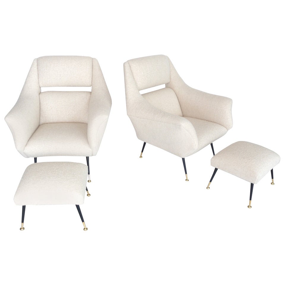 Italian Sculptural Chairs and Matching Ottomans