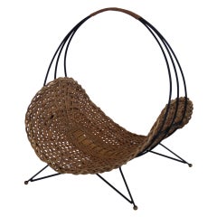 Vintage French Wicker and Iron Magazine Holder