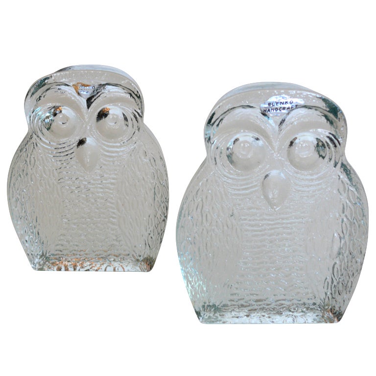 Unique "Owl" Glass Bookends by Blenko