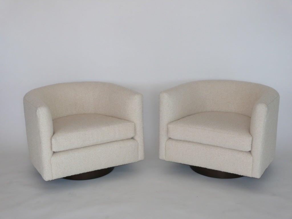 Pair of Milo Baughman Style Wool Boucle Swivel Chairs 4
