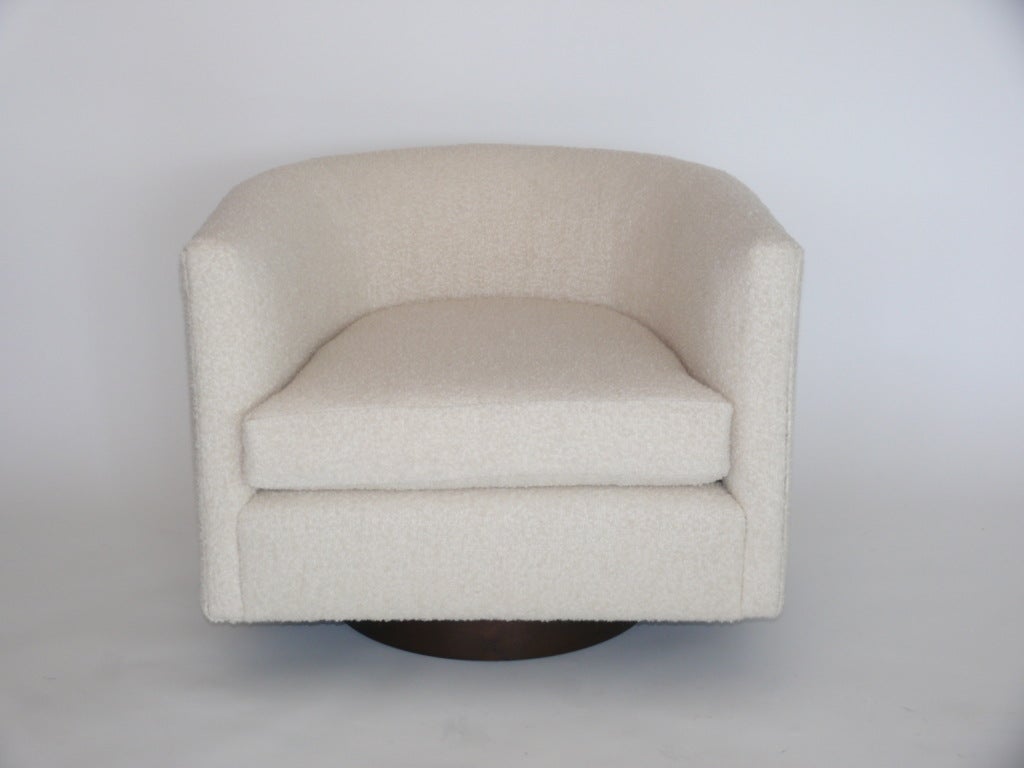 American Pair of Milo Baughman Style Wool Boucle Swivel Chairs