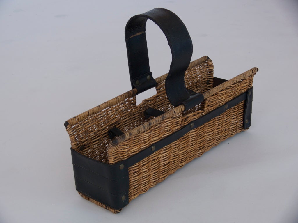French Wicker and Leather Wine Holder