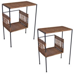 Pair of Iron and Wicker Tables in the Style of Jacques Adnet