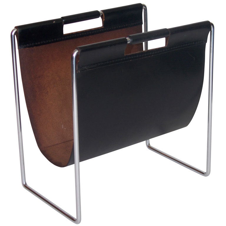 French Leather and Chrome Magazine Rack at 1stdibs