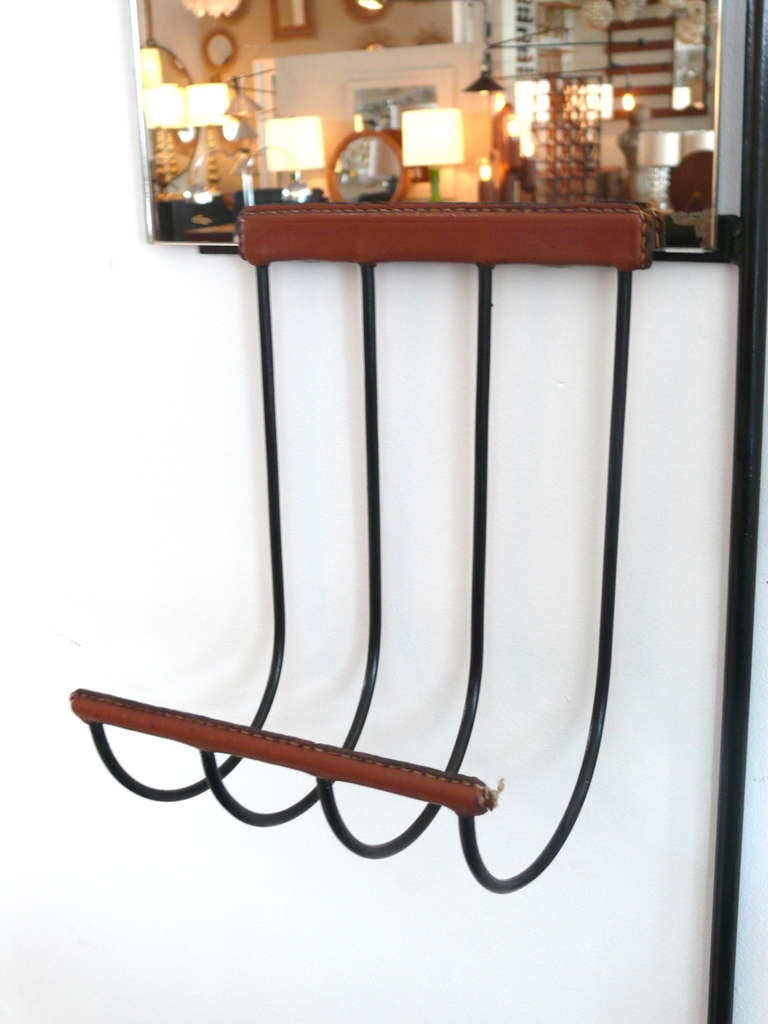 Rare Leather and Iron Wall Rack by Jacques Adnet In Excellent Condition In Beverly Hills, CA