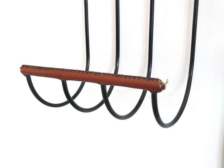 20th Century Rare Leather and Iron Wall Rack by Jacques Adnet