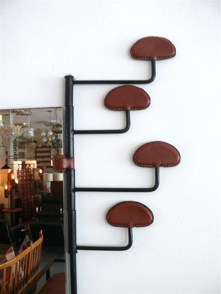 Rare Leather and Iron Wall Rack by Jacques Adnet 2