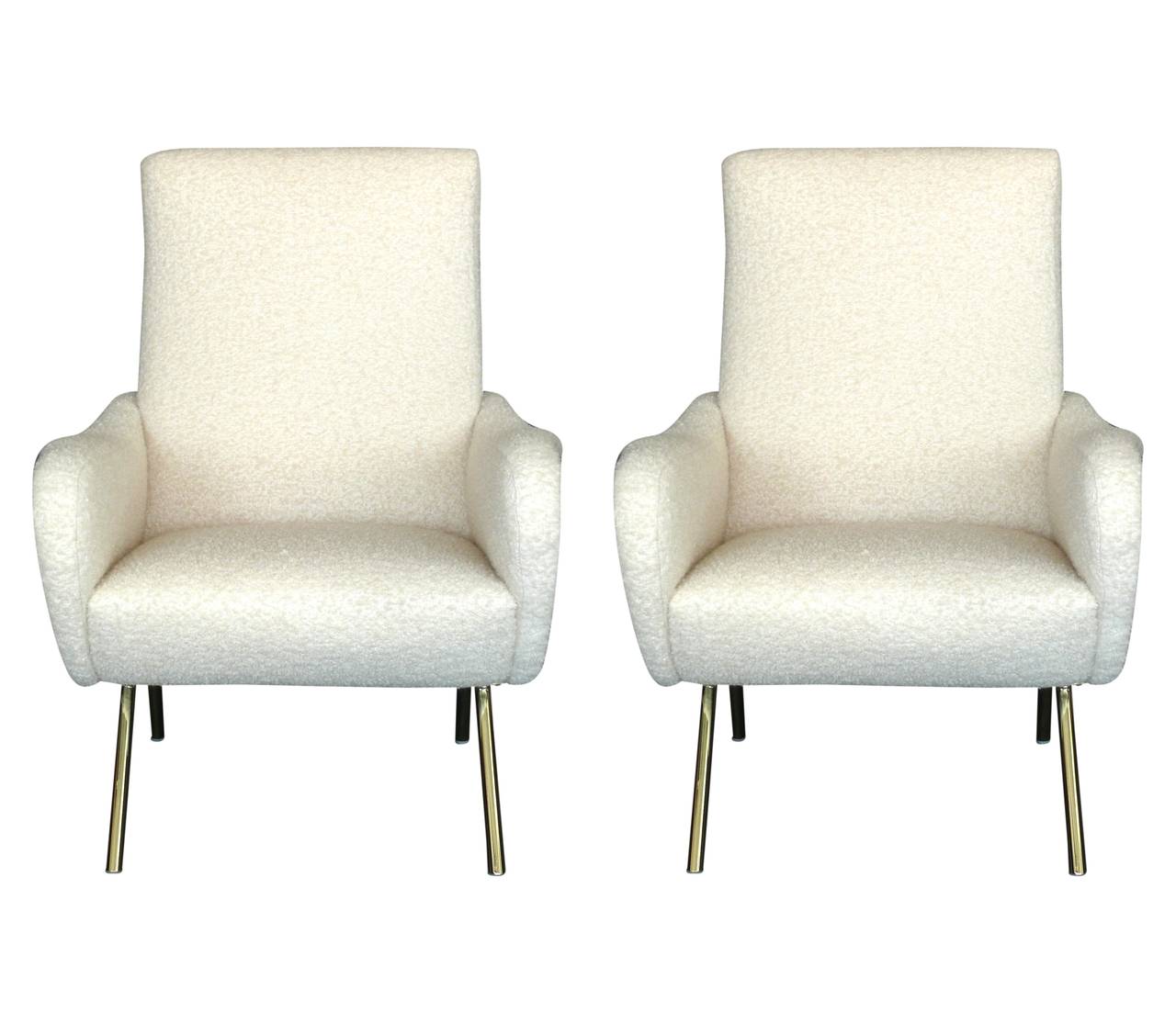 Gorgeous pair of Italian sculptural chairs. Newly upholstered in a creamy white wool bouclé fabric with a newly plated brass base. Sleek lines. Fantastic design.
