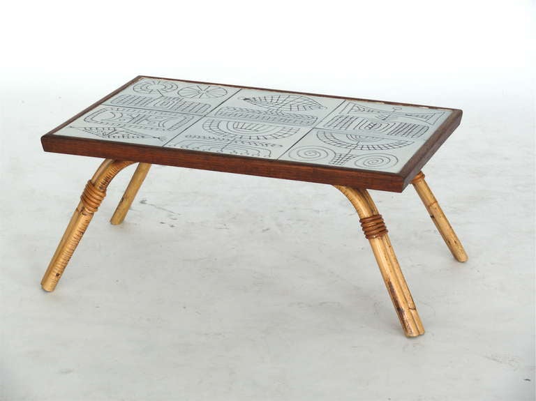 Petite Rattan and Tile Table by Roger Capron