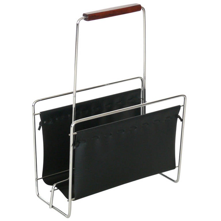 Leather and Chrome Magazine Rack at 1stdibs