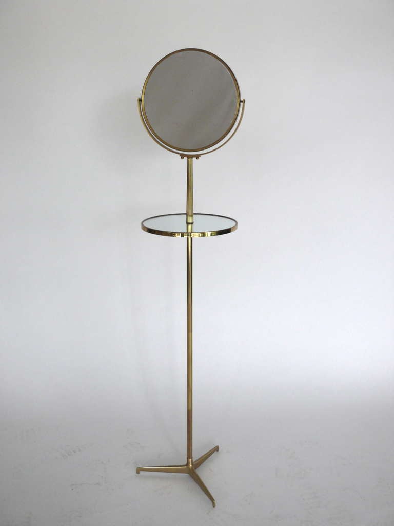 Mid-20th Century Standing Brass Vanity Mirror with Table