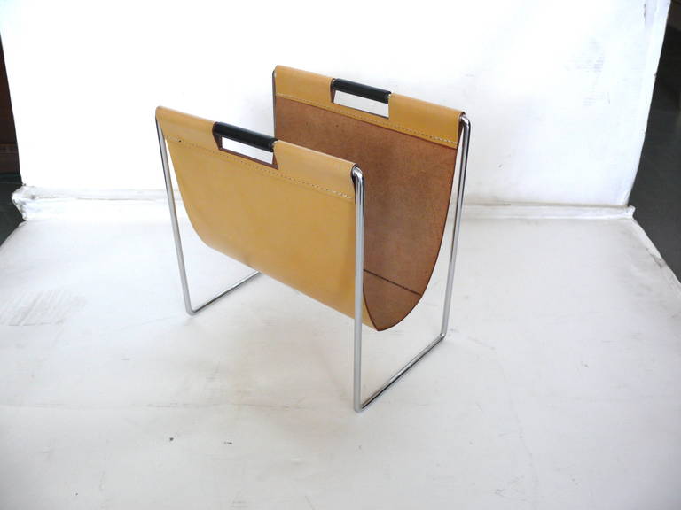 Leather and Chrome Magazine Holder In Good Condition In Beverly Hills, CA