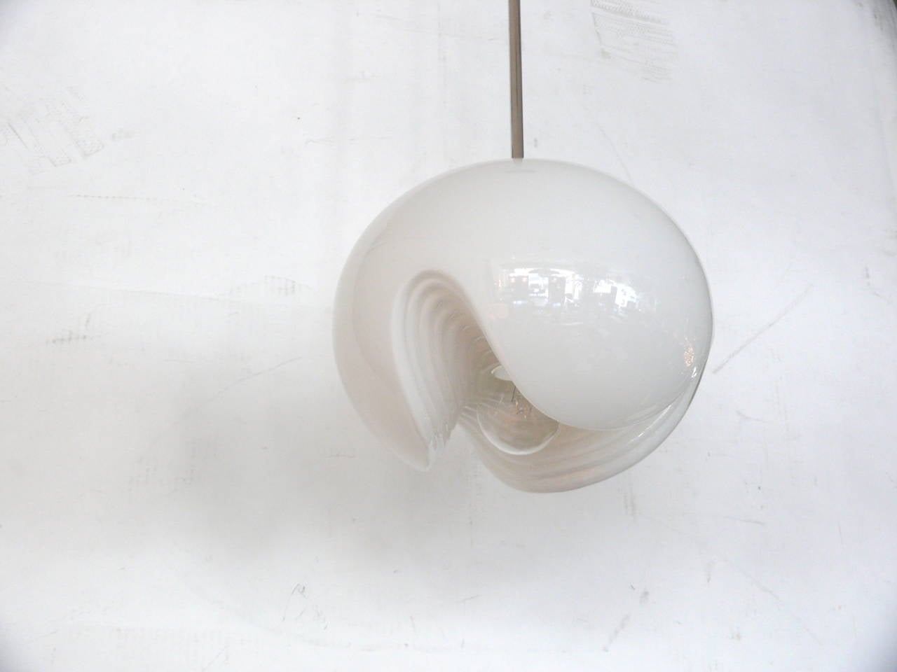 Elegant biomorphic pendant light by Koch and Lowy. Opaque, hand blown glass with nickel hardware. Newly rewired. Two available. Priced individually. Larger size also available.