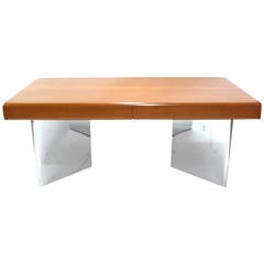Stainless Steel and Oak Platform Desk in the Style of Warren Platner