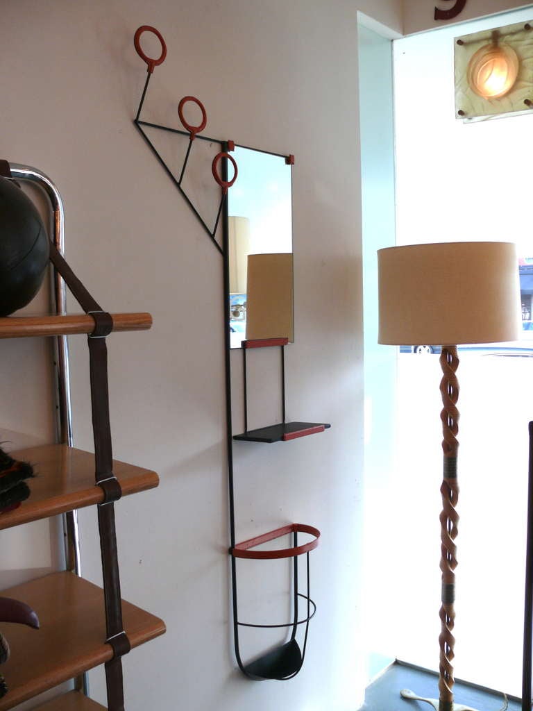 Leather and Iron Wall Rack in the style of Jacques Adnet 4