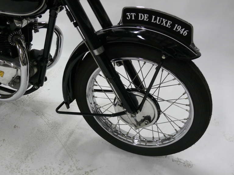Newly restored 1946 Triumph 3T. Carefully completed by the renowned Jim Hiddleston. Large valves for fantastic performance as well as a fitted cam to inlet. Motorcycle features dual exhaust and spoke wheels.