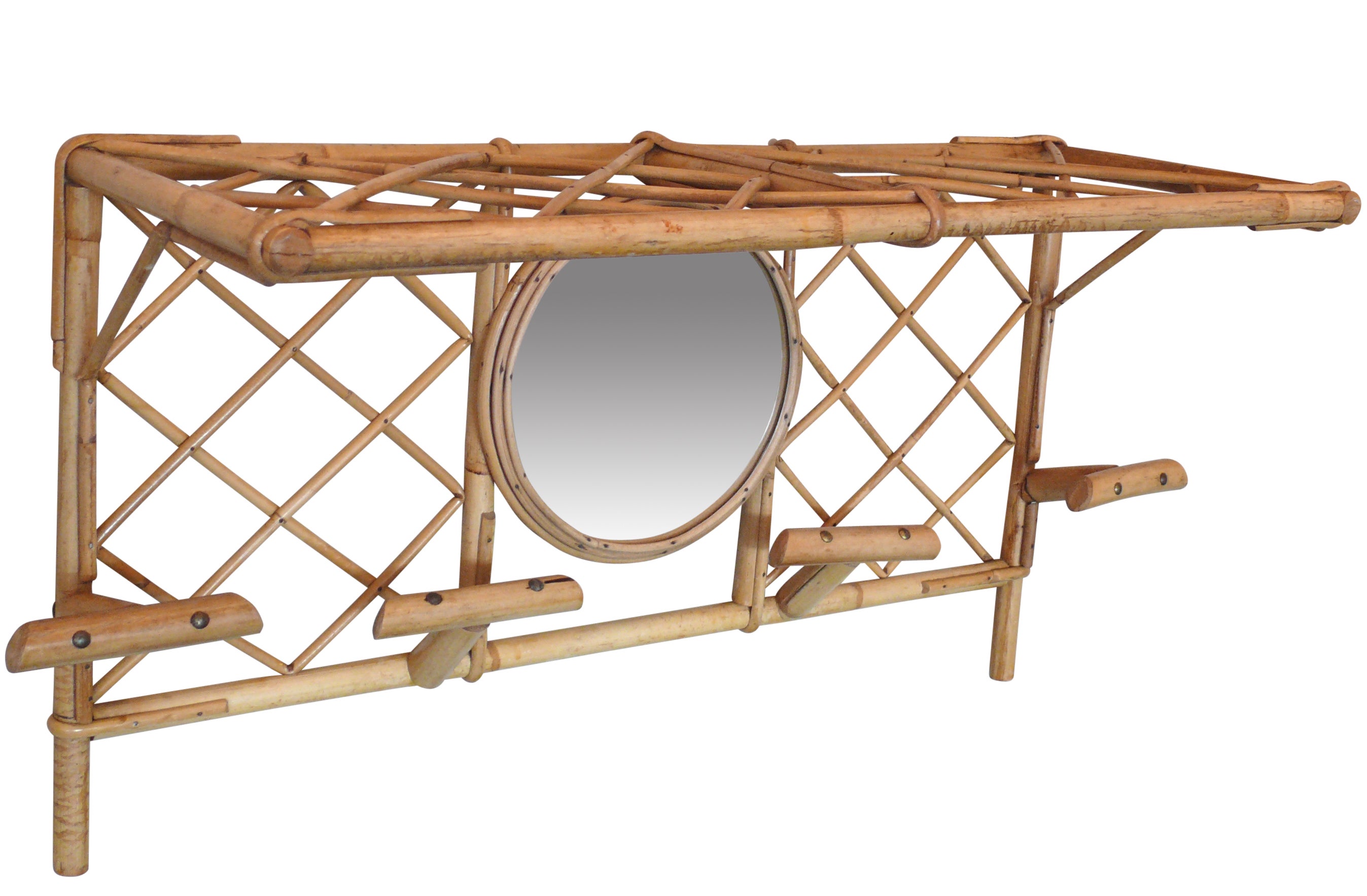 French Bamboo Wall Coat Rack with Mirror at 1stDibs