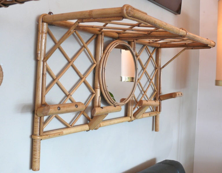 French Bamboo Wall Coat Rack with Mirror In Excellent Condition In Beverly Hills, CA