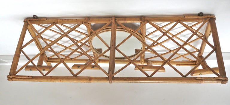 20th Century French Bamboo Wall Coat Rack with Mirror