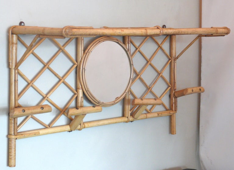 French Bamboo Wall Coat Rack with Mirror 1