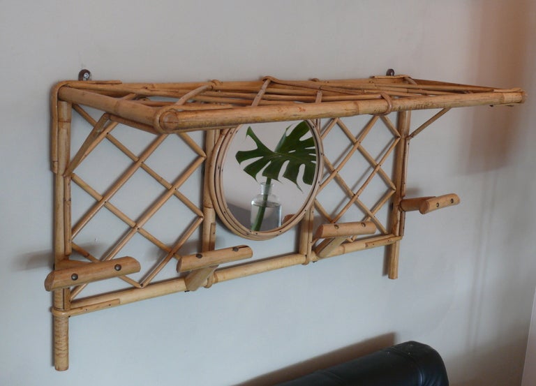 French Bamboo Wall Coat Rack with Mirror 4