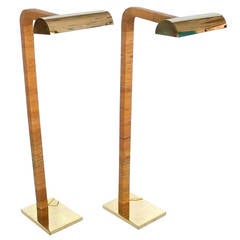 Pair of Brass and Rattan Floor Lamps by George Kovacs
